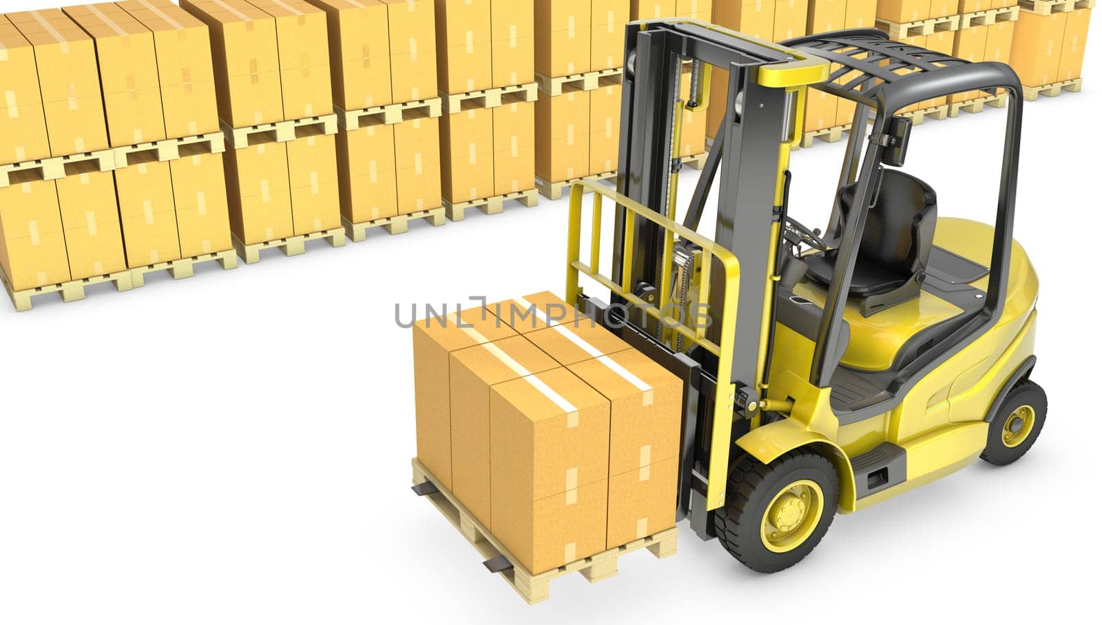 Yellow fork lift truck with stack of carton boxes, isolated on white background