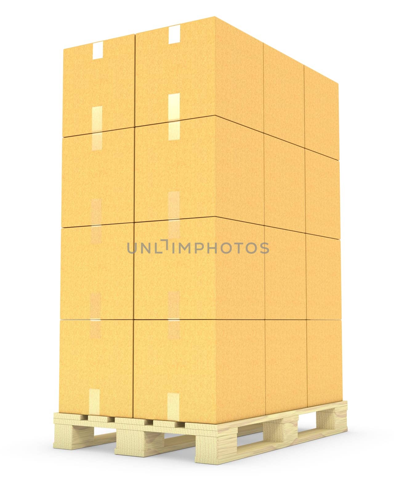 Stack of cardboard boxes on a pallet isolated on white background