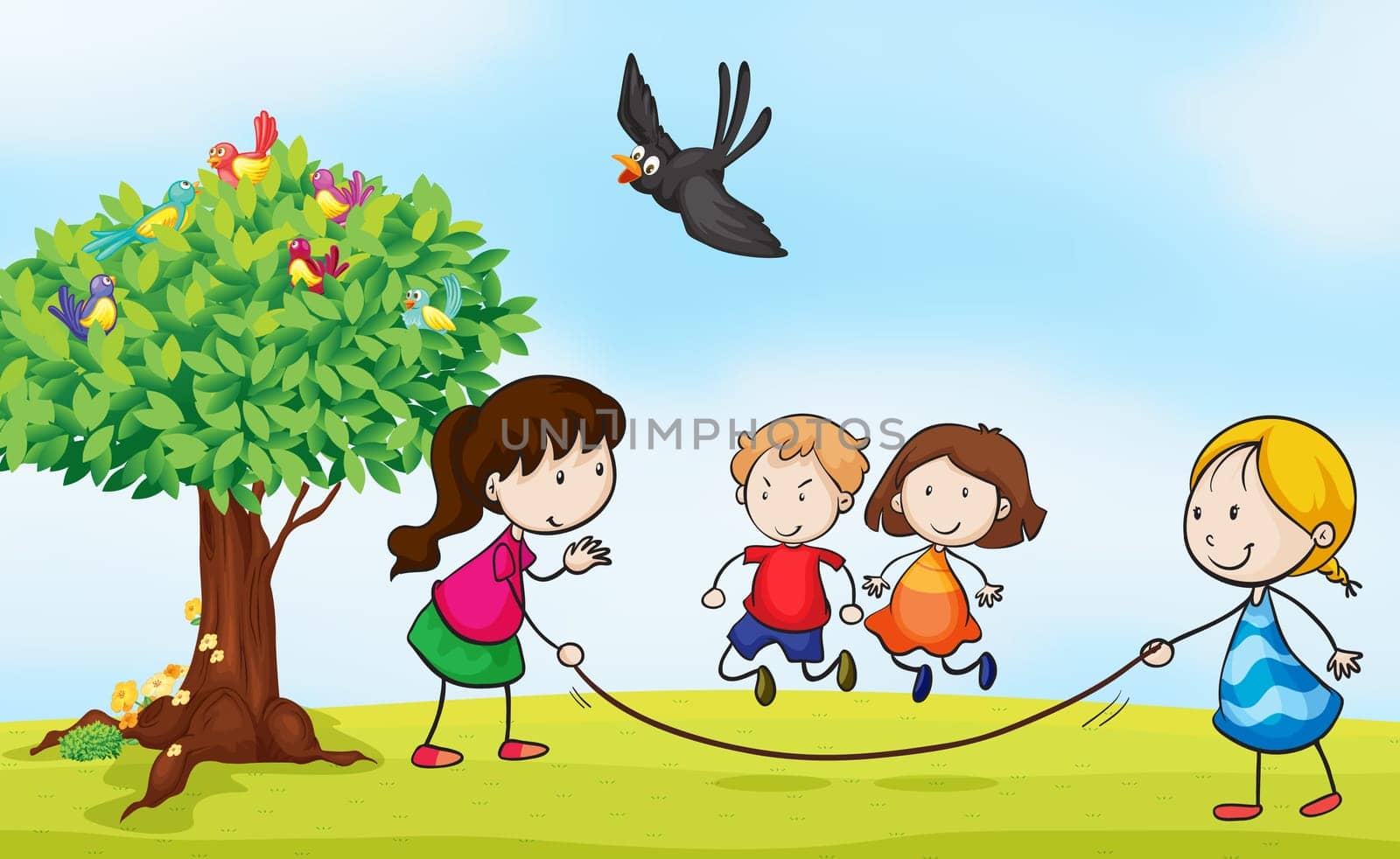 illustration of kids and a tree in a beautiful nature