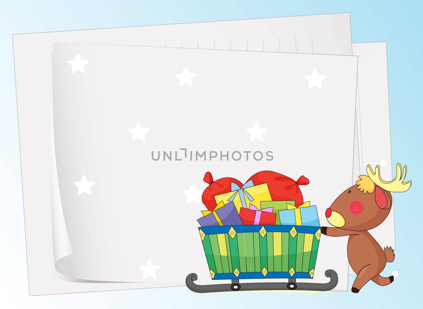 illustration of paper sheets and a reindeer on a color background