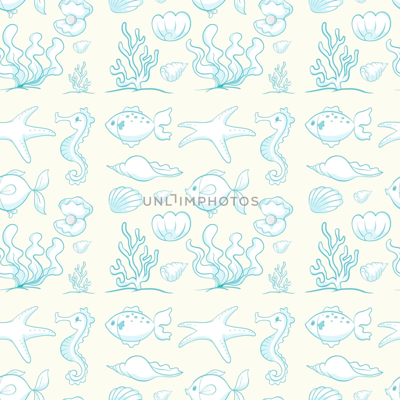illustration of various sea animals and plants on white background