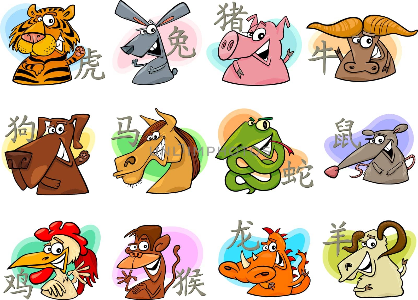Cartoon Illustration of Chinese Zodiac Horoscope Animal Signs Complete Set