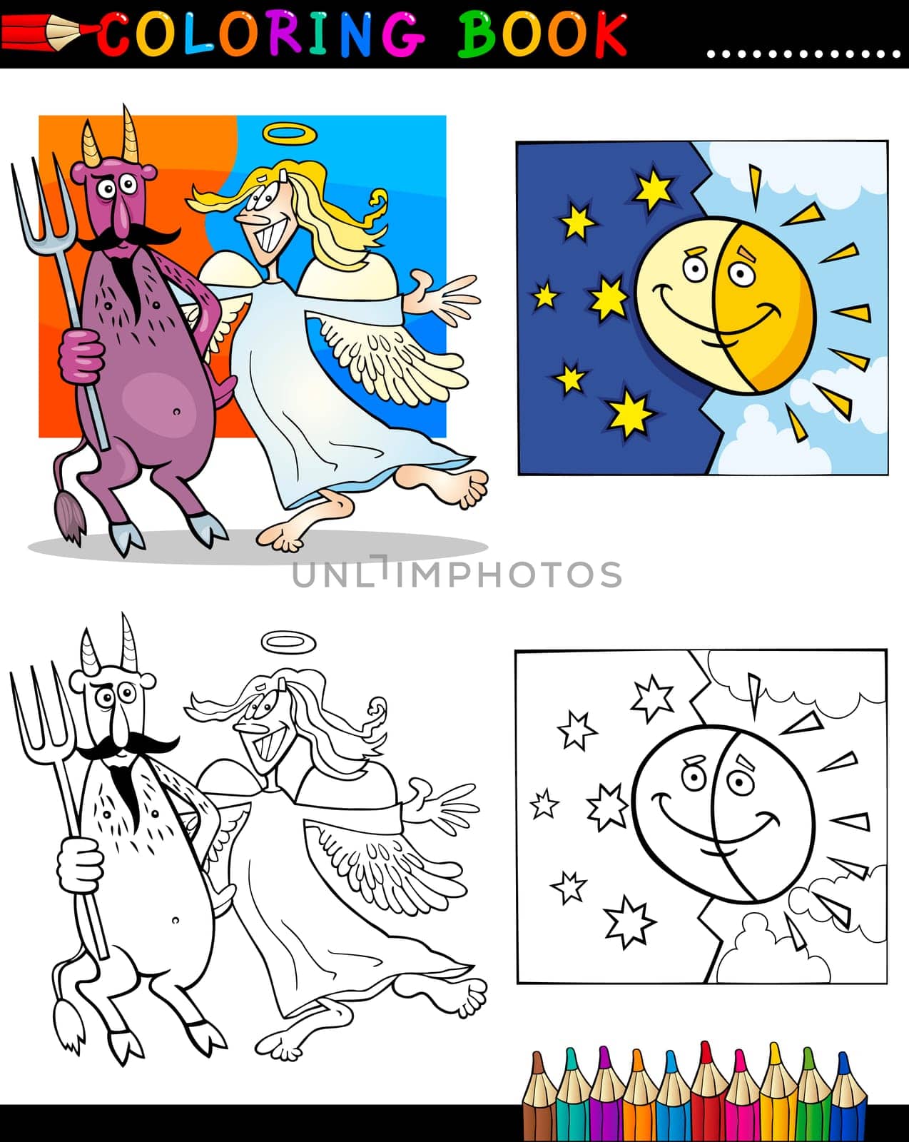 Coloring Book or Page Cartoon Illustration of Devil and Angel with Sun and Moon Characters