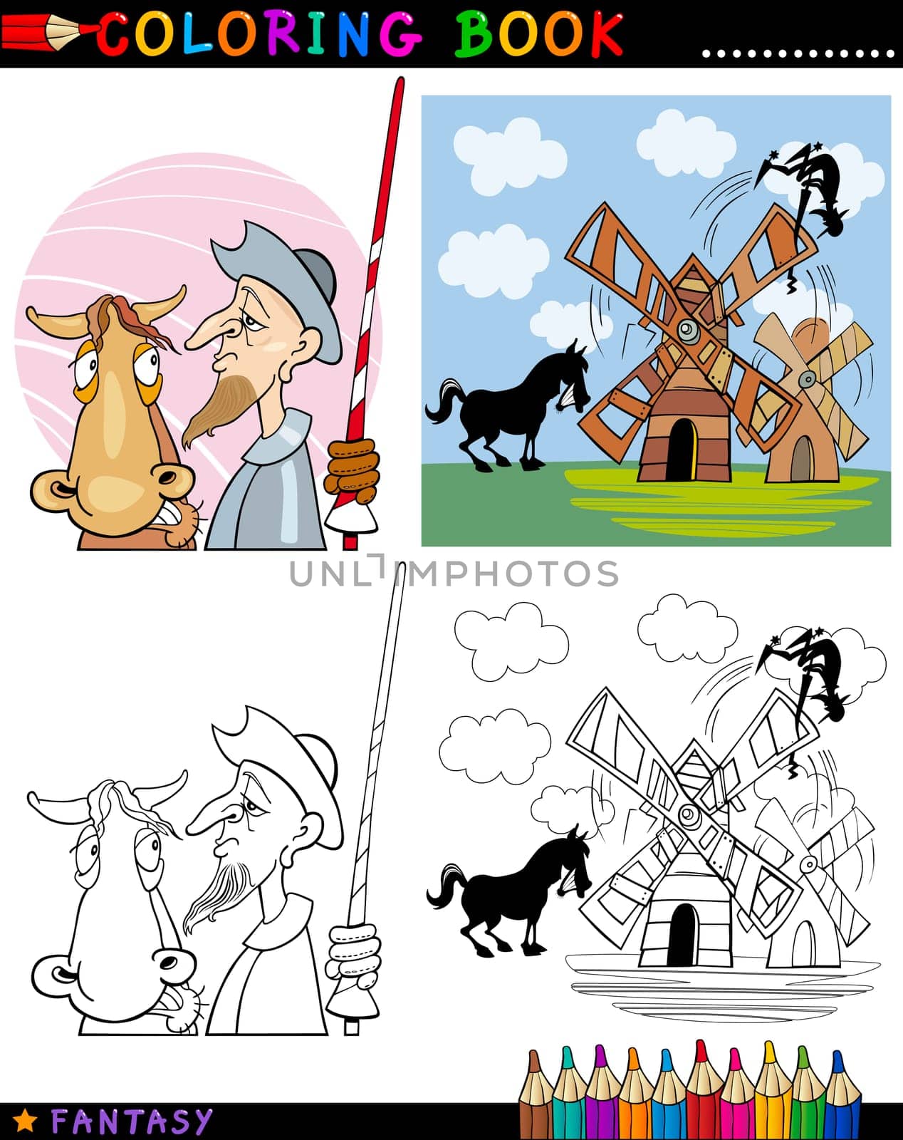 Coloring Book or Page Cartoon Illustration of Don Quixote and his Horse Fairytale Characters