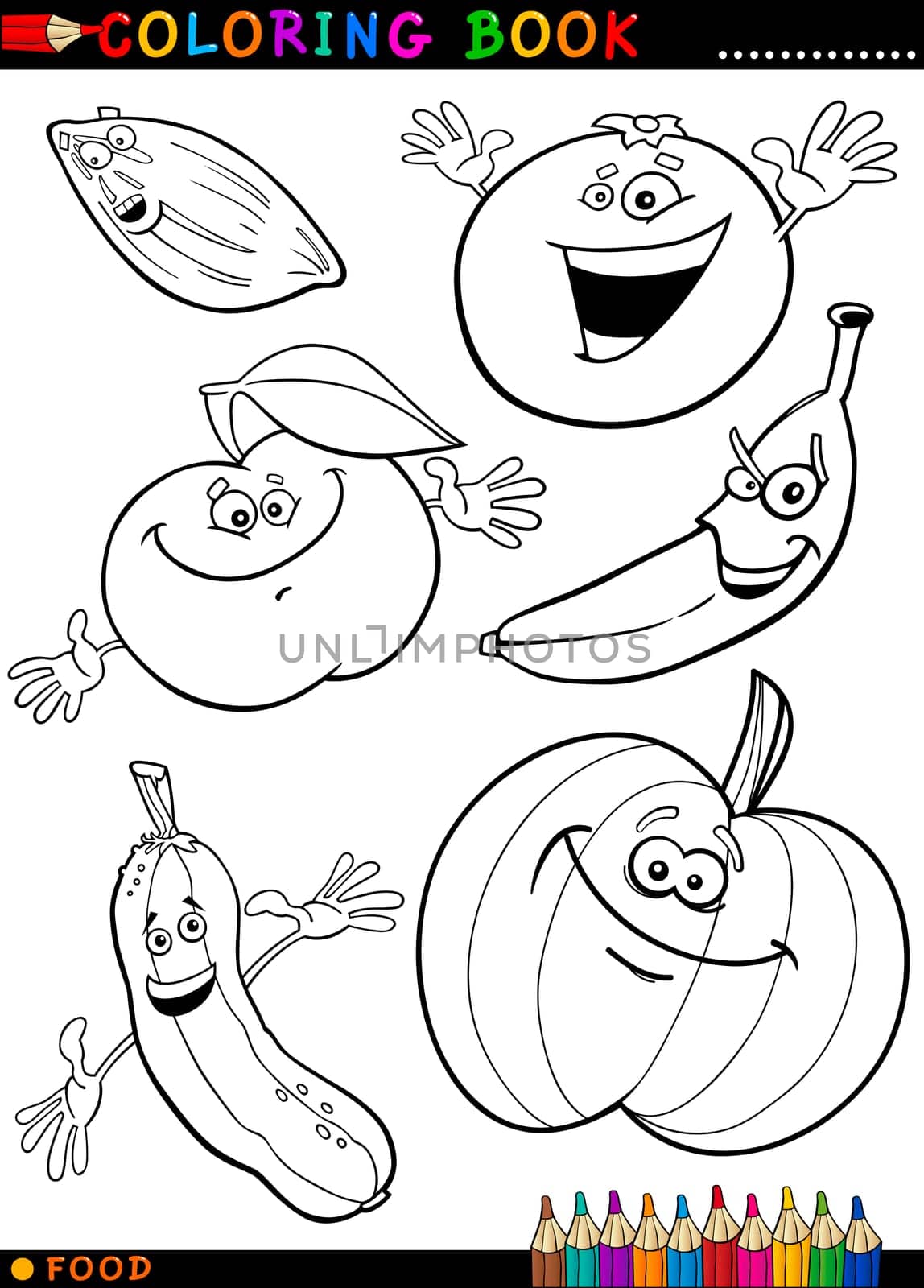 Coloring Book or Page Cartoon Illustration of Funny Food Characters Fruits and Vegetables for Children Education