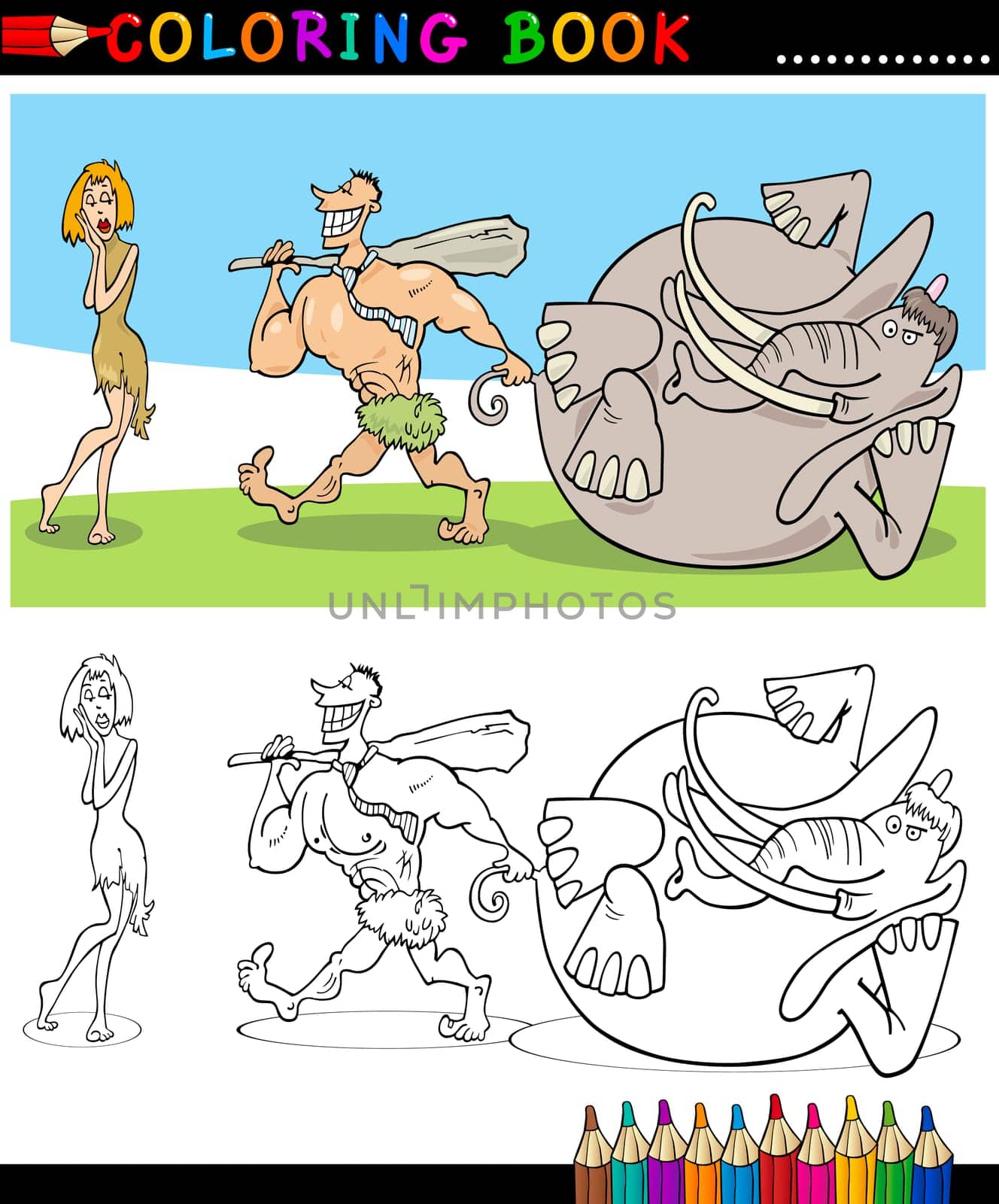 Coloring Book or Page Cartoon Illustration of Funny Cavemen Family Couple