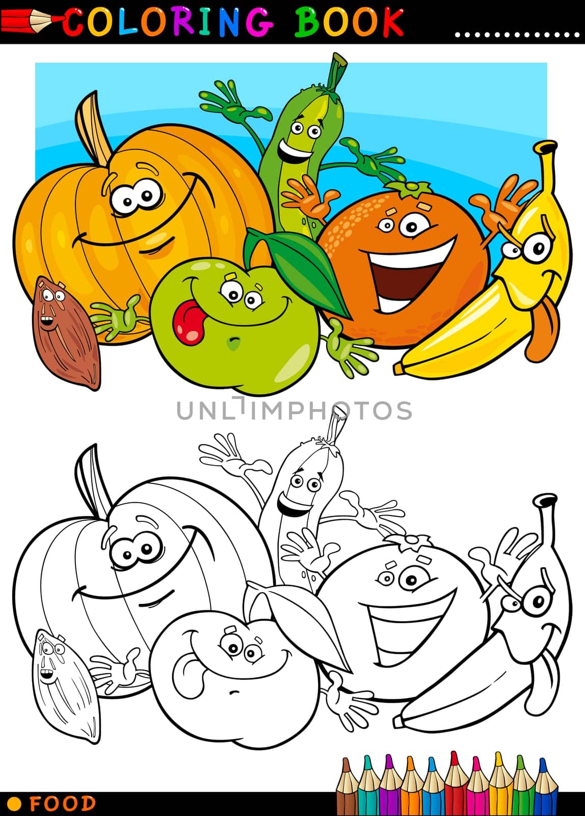 Coloring Book or Page Cartoon Illustration of Funny Food Characters Fruits and Vegetables for Children Education