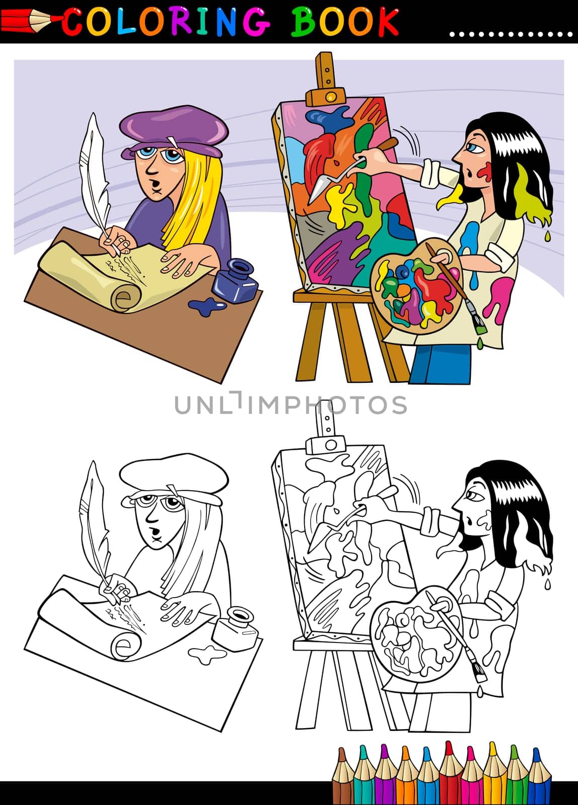 Coloring Book or Page Cartoon Illustration of Poet writing poem and Painter painting Oil Picture