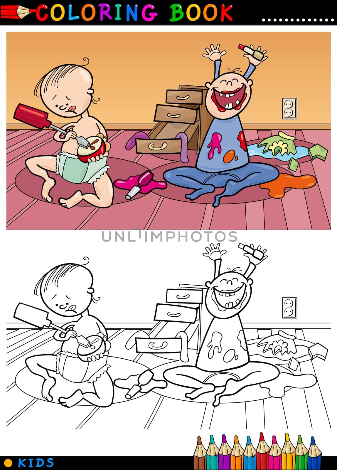 Coloring Book or Page Cartoon Illustration of Naughty Cute Babies and Children