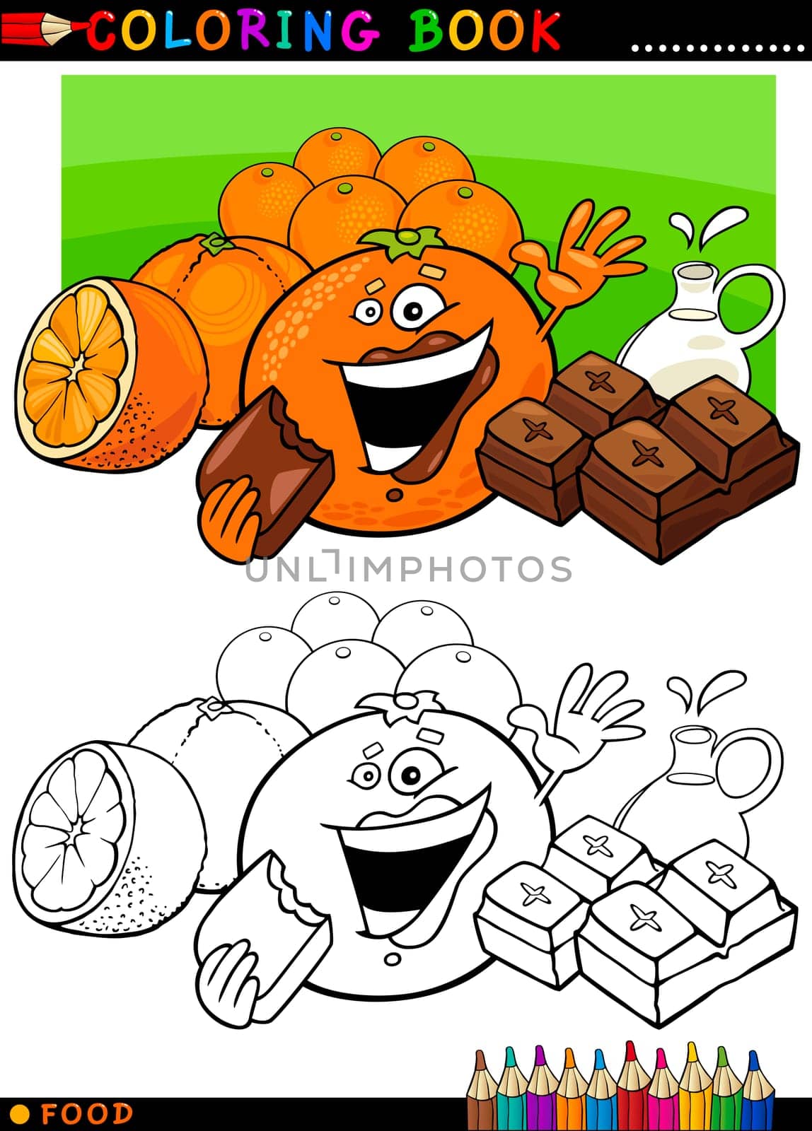 Coloring Book or Page Cartoon Illustration of Funny Food Characters Oranges and Chocolate Pieces for Children Education