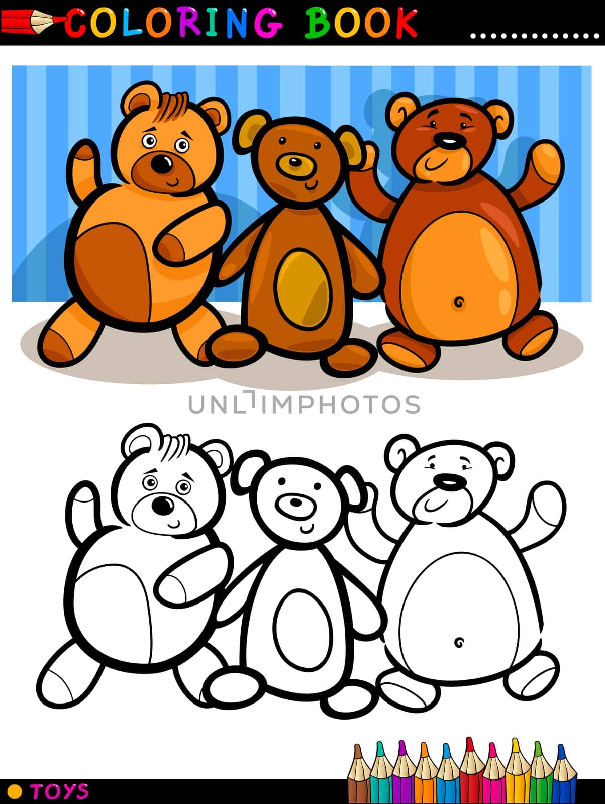 Coloring Book or Page Cartoon Illustration of Cute Teddy Bears Toys