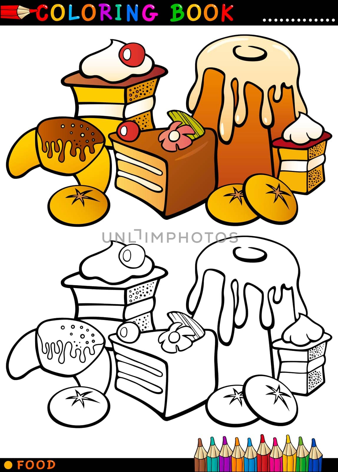 Coloring Book or Page Cartoon Illustration of Sweet Food like Cakes and Cookies and Buns for Children Education