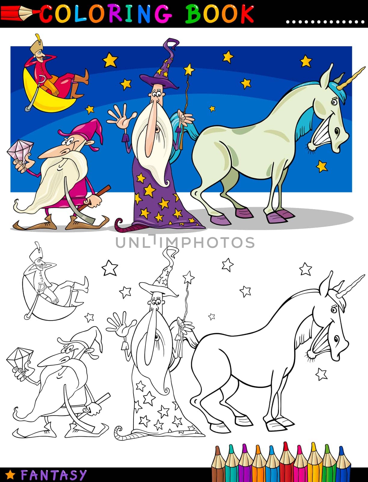 Coloring Book or Page Cartoon Illustration of Wizard and Dwarf and Unicorn Fairytale Characters