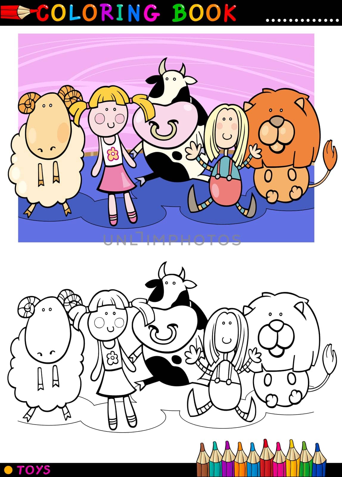 Coloring Book or Page Cartoon Illustration of Cute Mascot Toys