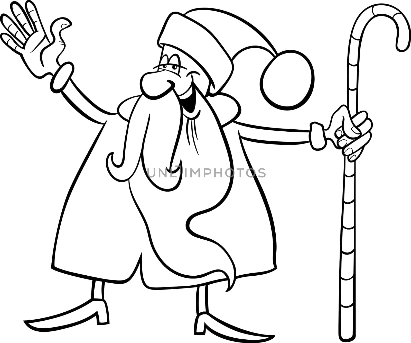 Cartoon Illustration of Funny Santa Claus or Papa Noel with Christmas Cane for Coloring Book or Page