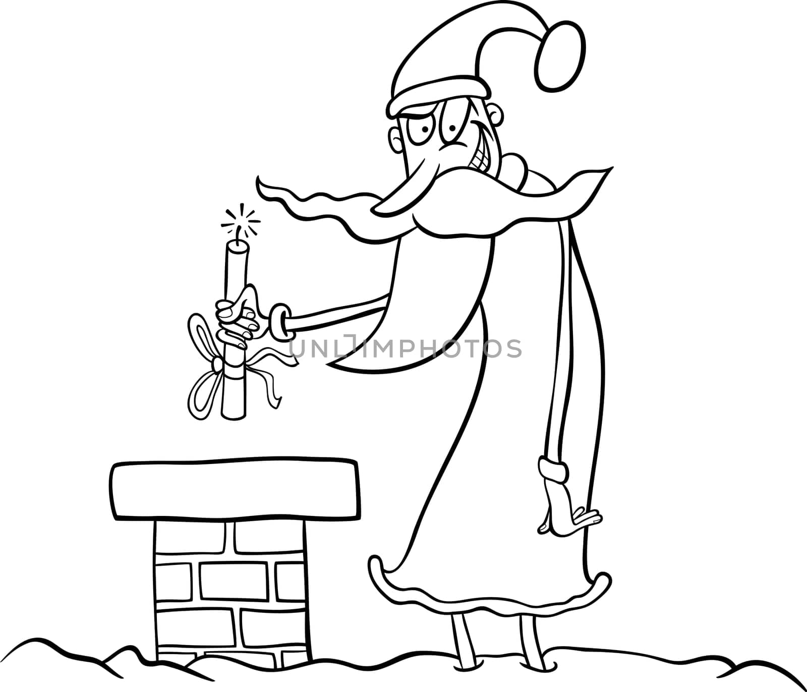 Cartoon Illustration of Funny Santa Claus or Papa Noel on the Roof with Stick of Dynamite as Christmas Present for Coloring Book