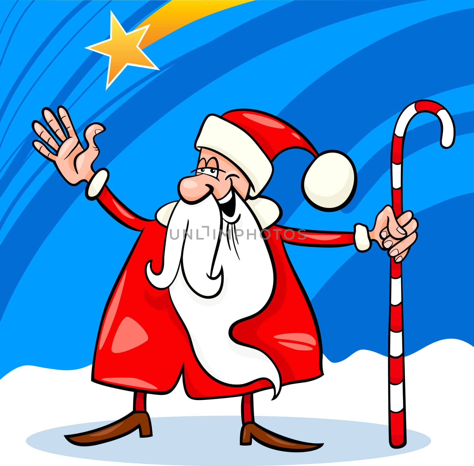 Cartoon Illustration of Funny Santa Claus or Papa Noel with Cane against Sky and Christmas Star