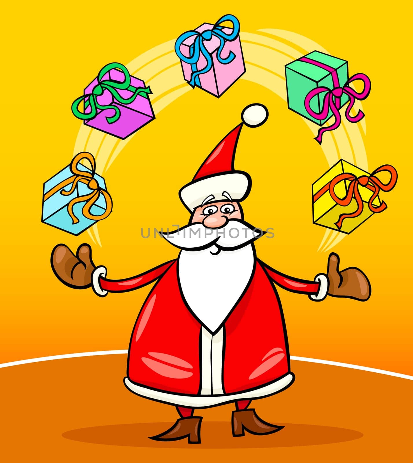 Cartoon Illustration of Funny Santa Claus or Papa Noel juggling Christmas Presents or Gifts