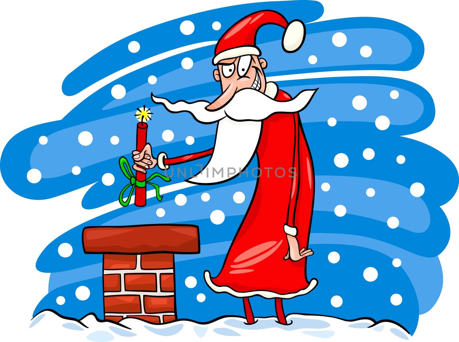 Cartoon Illustration of Malicious Funny Santa Claus or Papa Noel on the Roof with Stick of Dynamite as Christmas Present