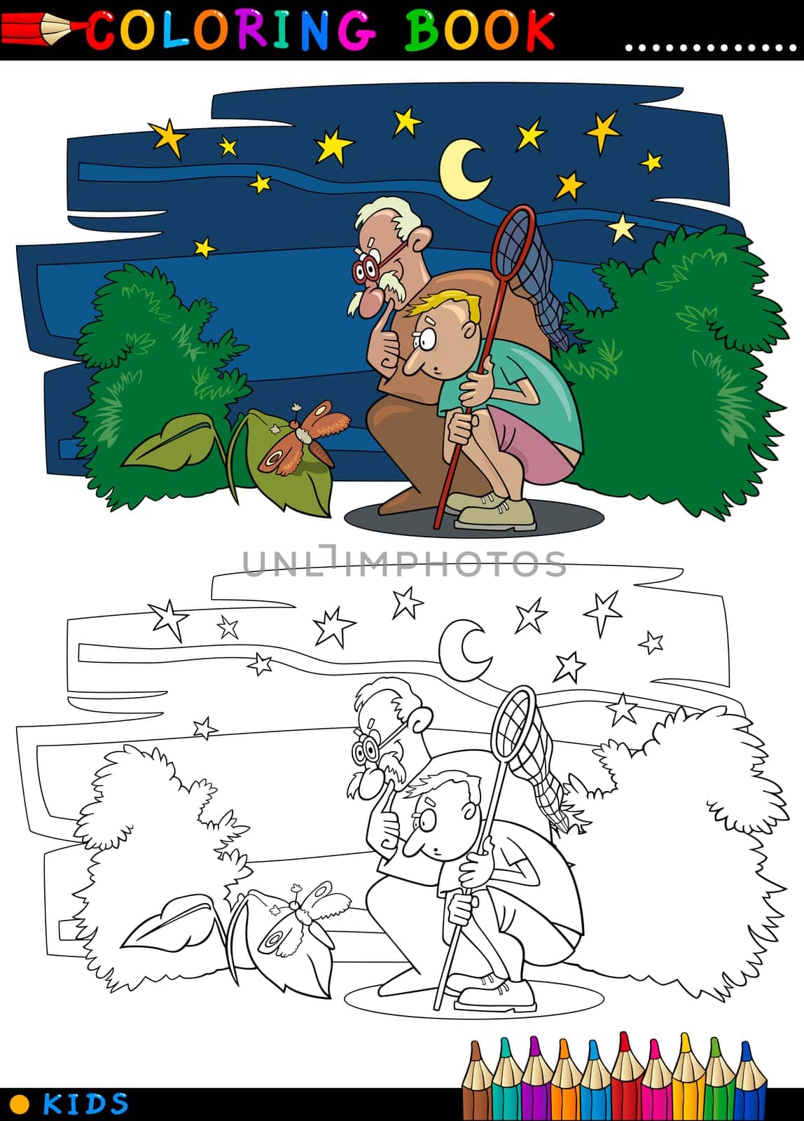 Coloring Book or Page Cartoon Illustration of Boy with his Grandfather looking at Moth