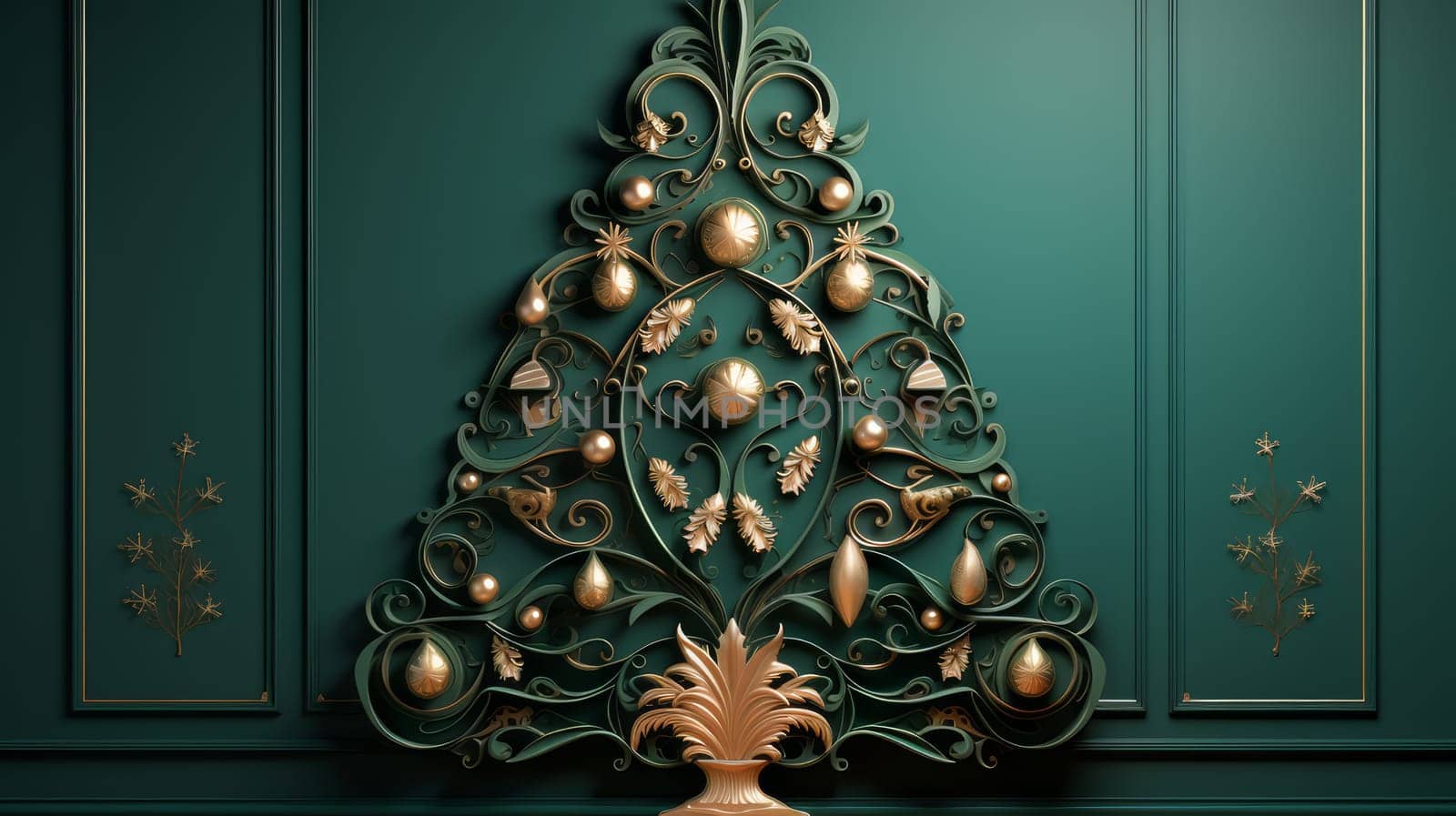 Creative and modern Christmas tree in Art Nouveau style against a green wall. Merry Christmas and Happy New Year concept