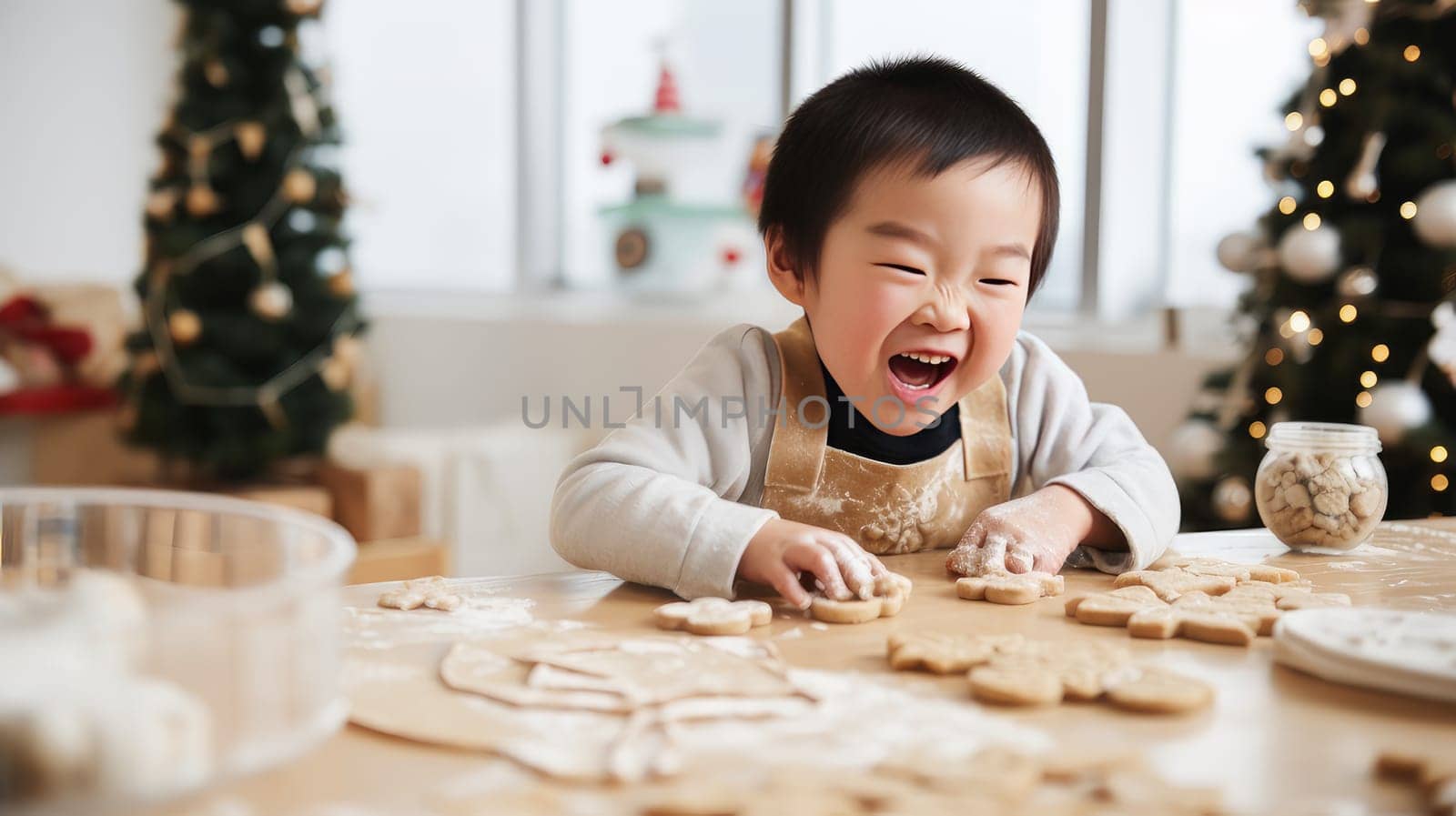 Smiling asian child with down syndrome decorates christmas cookies. Merry Christmas and Happy New Year concept