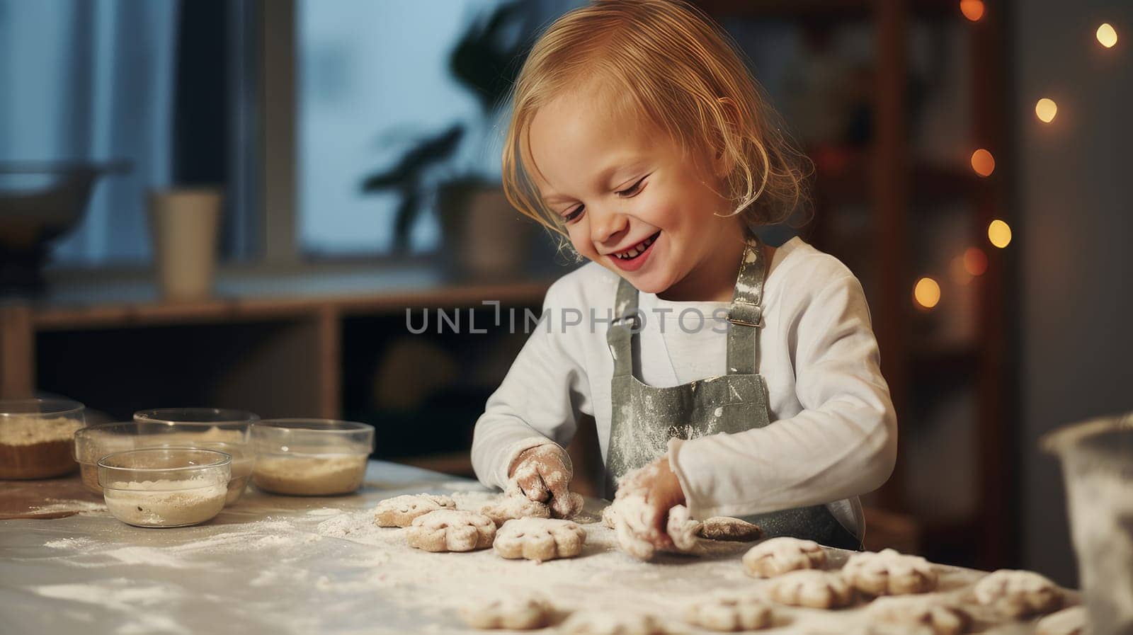 Smiling white child with down syndrome decorates Christmas cookies. Merry Christmas and Happy New Year concept