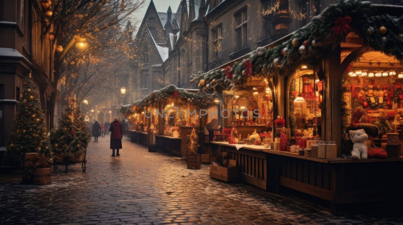 Charming Christmas market in the evening with lights. Merry Christmas and Happy New Year concept