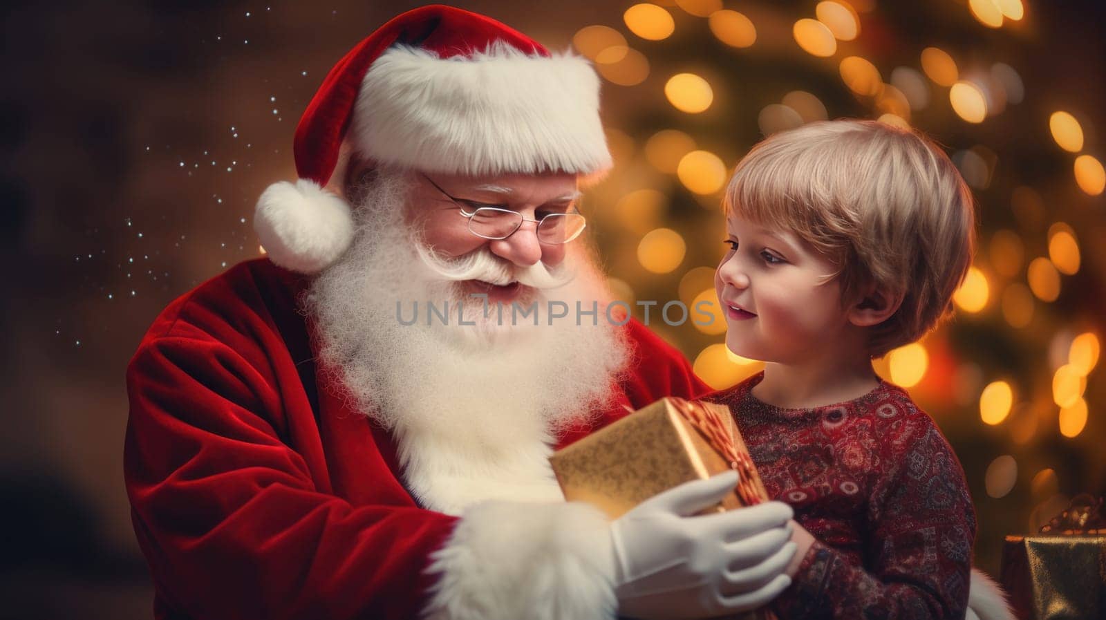 Santa Claus holds a child on his lap near a Christmas tree on a blurred background of bokeh lights. Merry Christmas and New Year concept