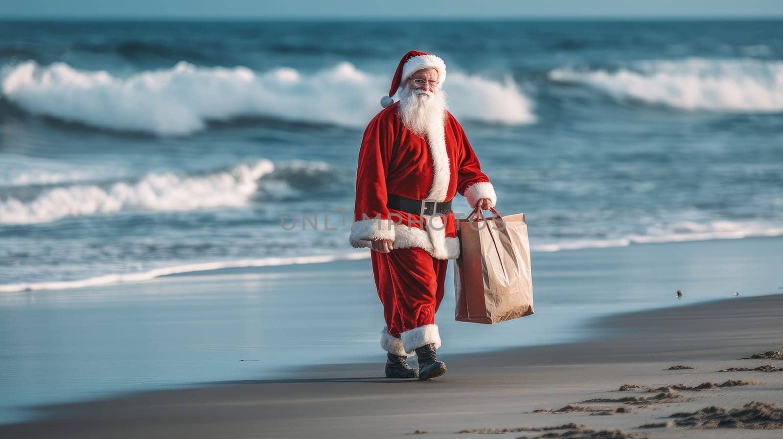Santa Claus walks along the ocean shore with a bag of gifts. Merry Christmas and Happy New Year concept