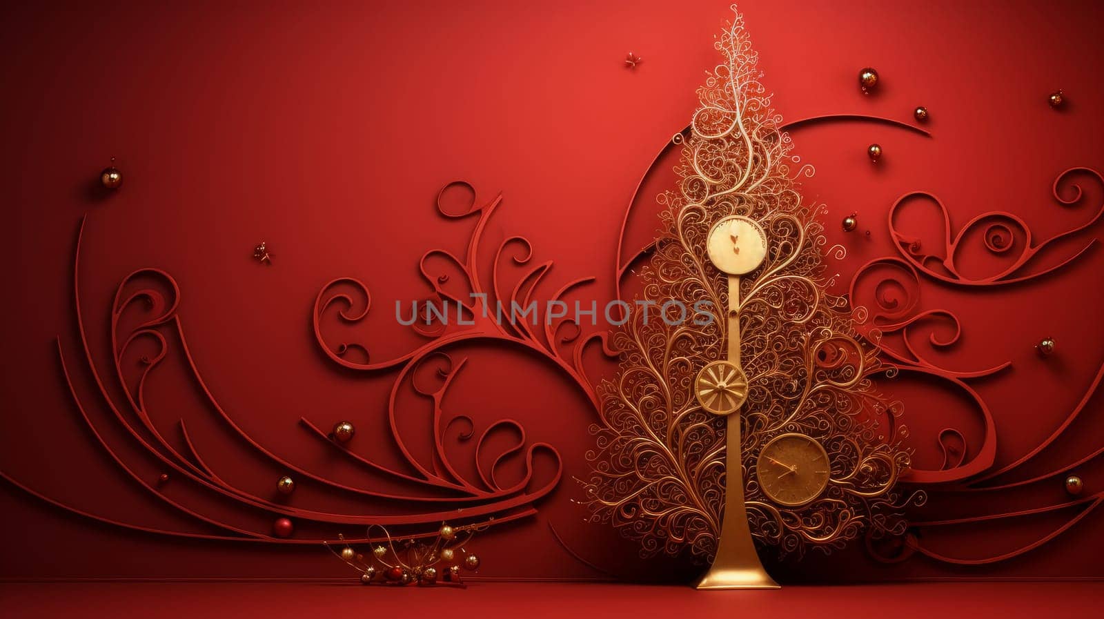 Creative and modern Christmas tree in Art Nouveau style against a red wall. Merry Christmas and Happy New Year concept