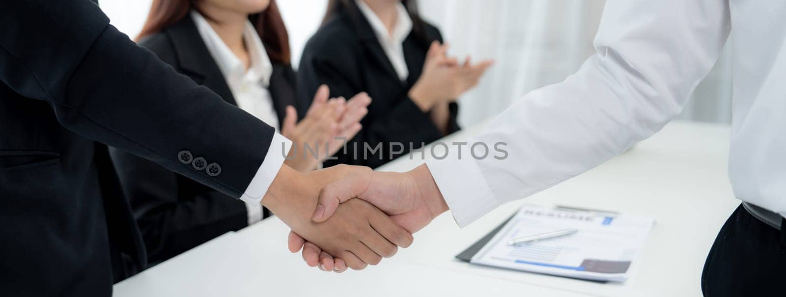 Handshake job interview success or making successful business oratory agreement by biancoblue