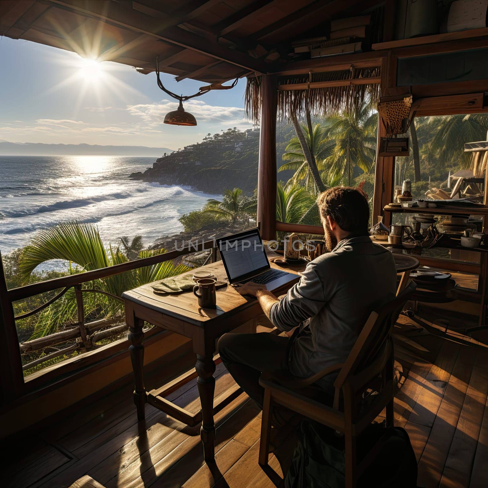 Nomad guy working on his online business remotely from an idyllic workplace in the sea coast.