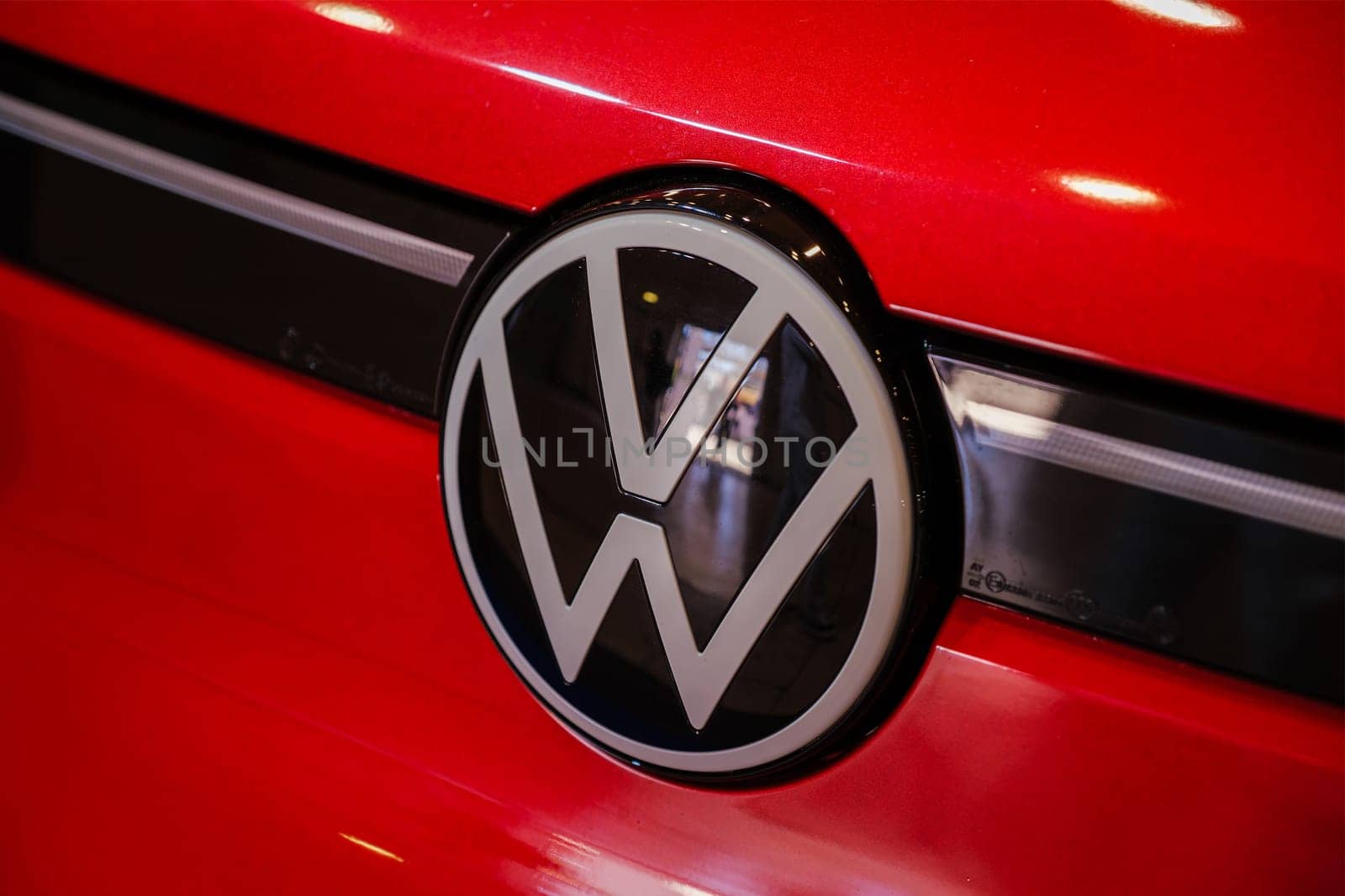 Lisbon, Portugal - May 12, 2023: VW car logo emblem close up