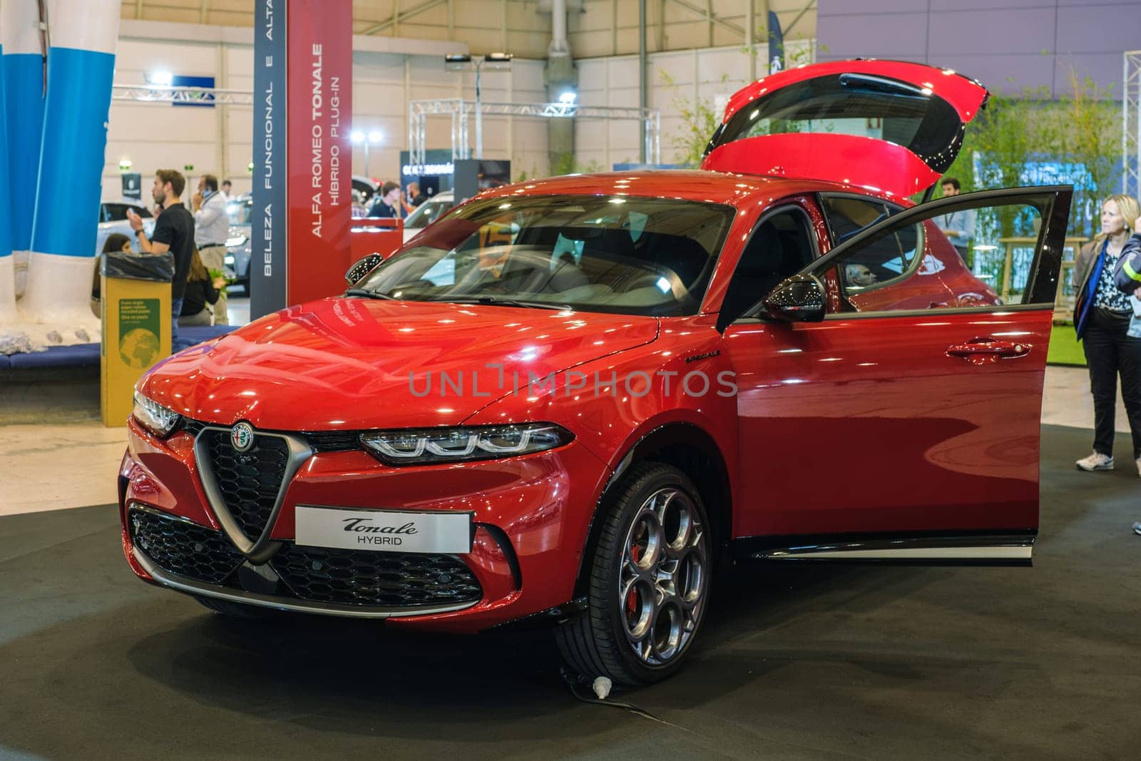 Lisbon, Portugal - May 12, 2023: Alfa Romeo Tonale electric hybrid car on display at ECAR SHOW - Hybrid and Electric Motor Show
