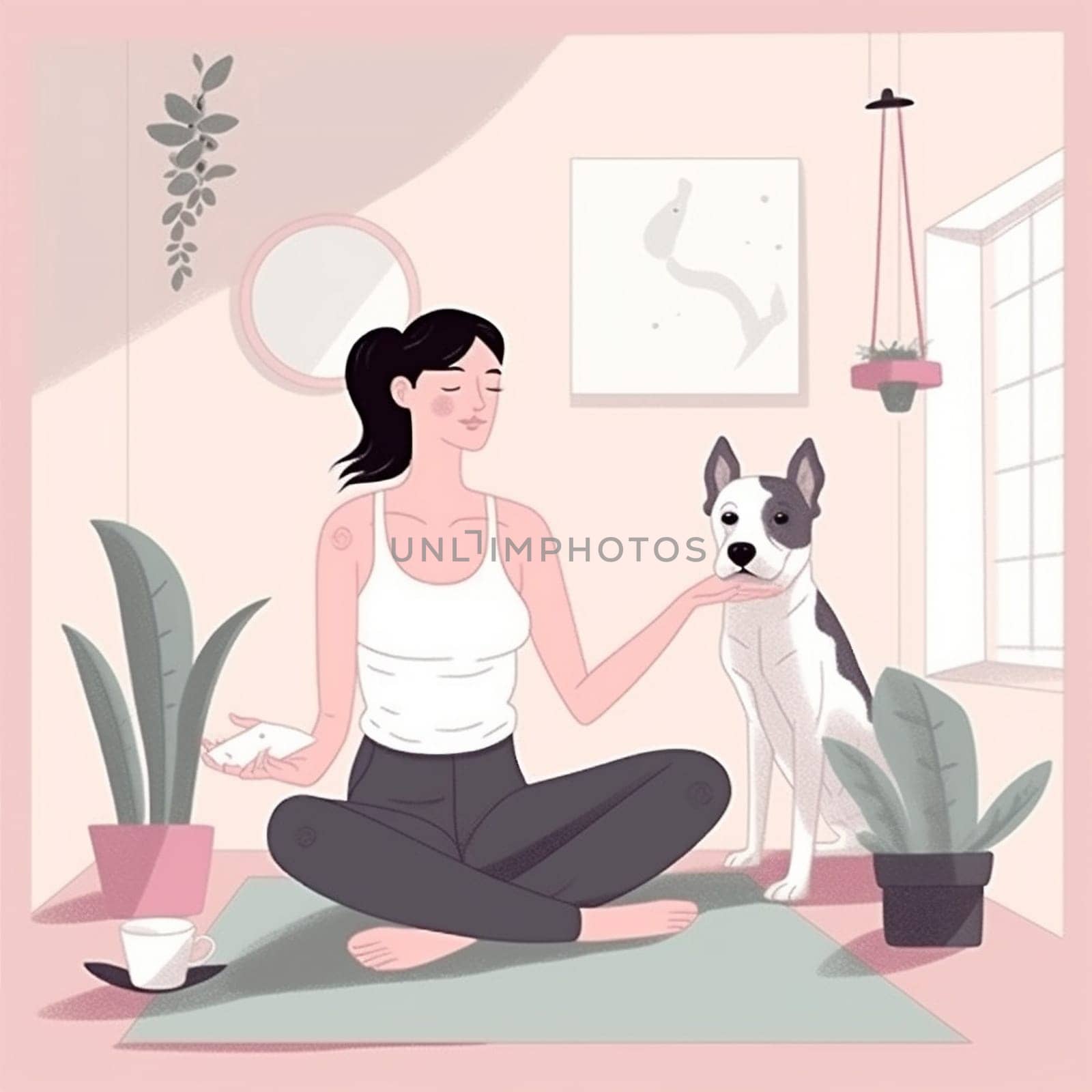 woman dog body zen fitness home lifestyle yoga sport training cartoon. Generative AI. by Vichizh