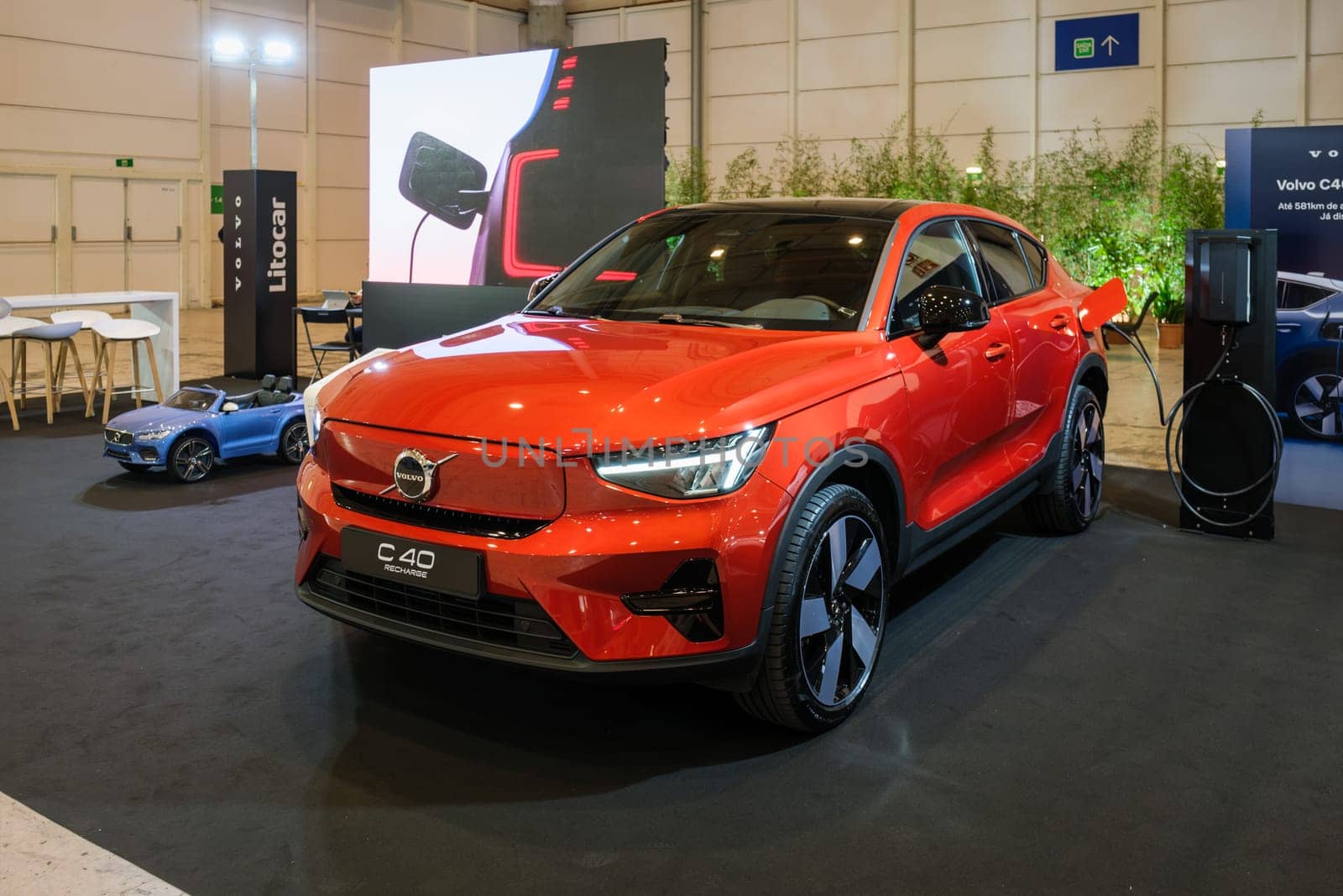 Lisbon, Portugal - May 12, 2023: Volvo C40 Recharge electric car on display at ECAR SHOW - Hybrid and Electric Motor Show