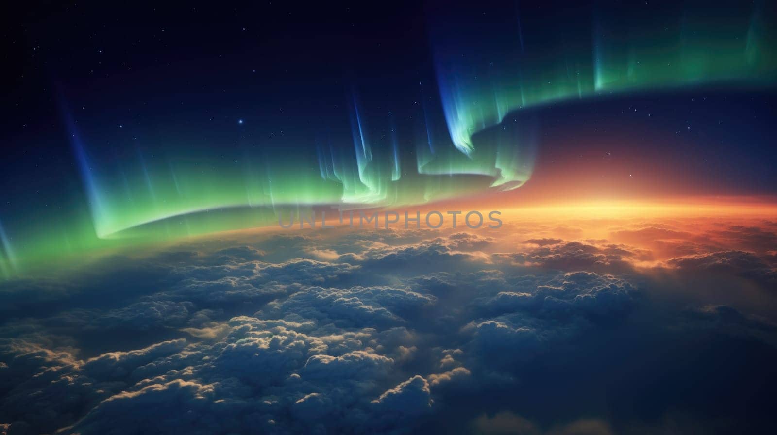 Beautiful sunset sky above clouds with breathtaking light. Generative AI image