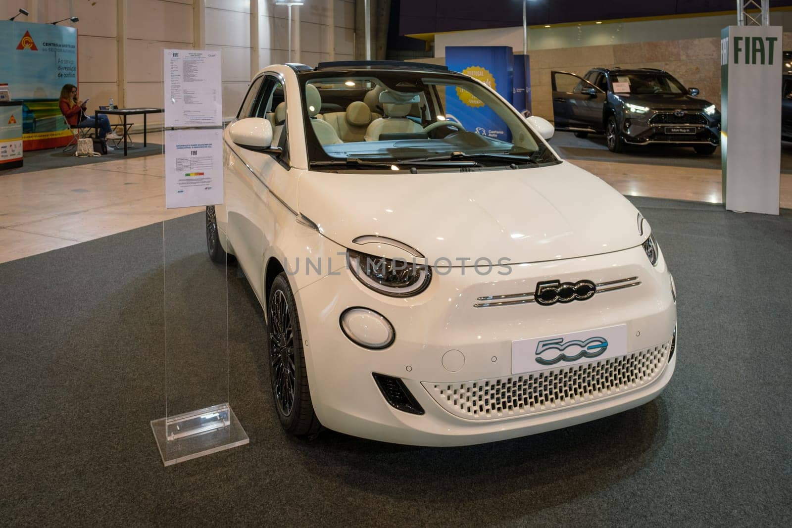 Lisbon, Portugal - May 12, 2023: Fiat 500 Cabrio electric car on display at ECAR SHOW - Hybrid and Electric Motor Show