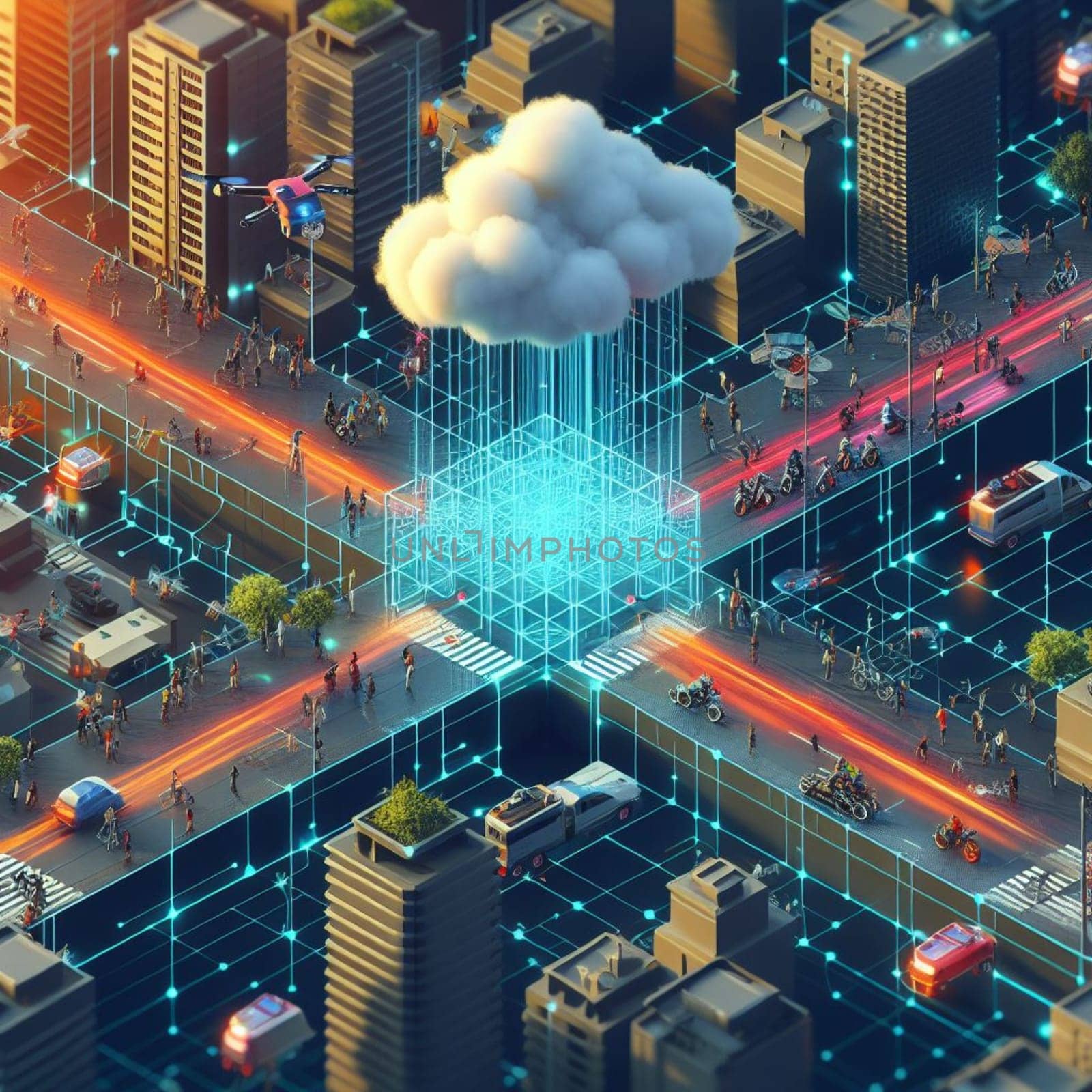 15 minute city isometric map, crowd, transport, building, security, cameras, drone and bot police, limited freedom generative ai art