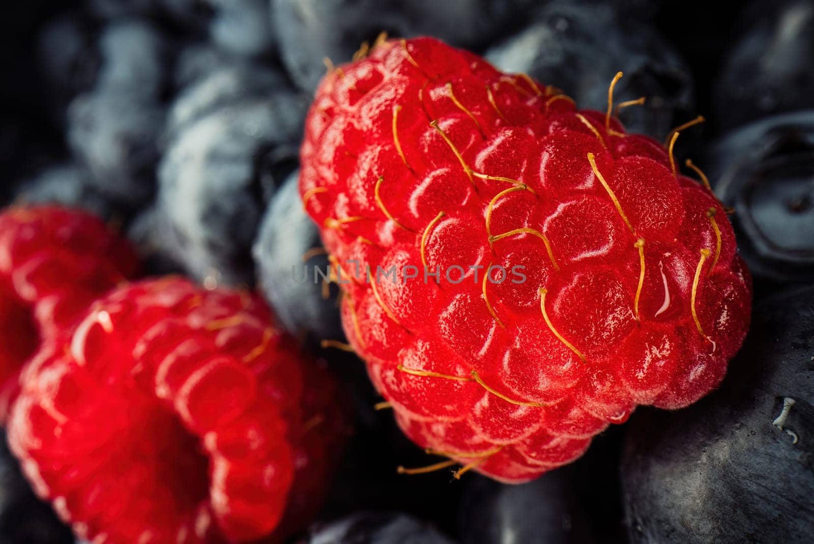 Abstract colorful berries, extreme macro. Wild ripe forest raspberries, blueberries. Fresh fruits, harvest background. High quality photo