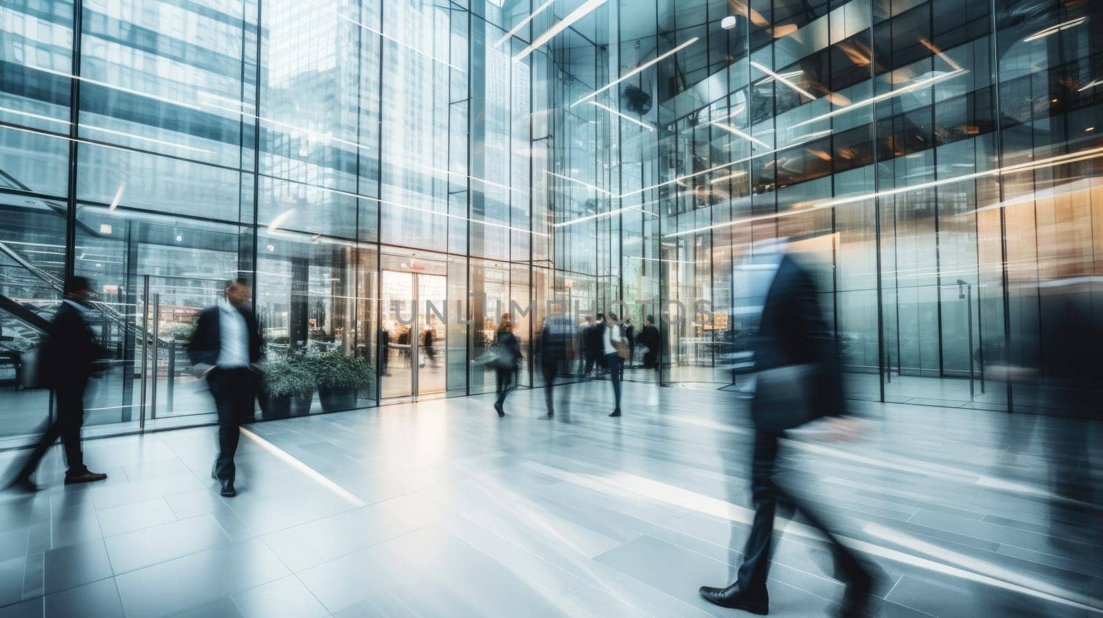 Business people rushing in office lobby with motion blur