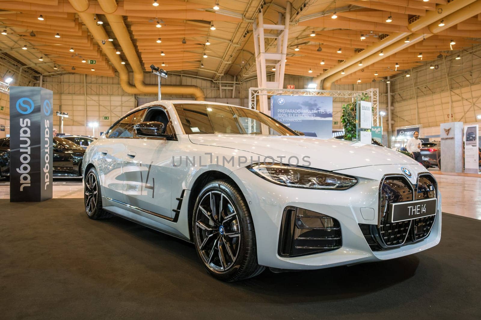 Lisbon, Portugal - May 12, 2023: BMW i4 electric car on display at ECAR SHOW - Hybrid and Electric Motor Show