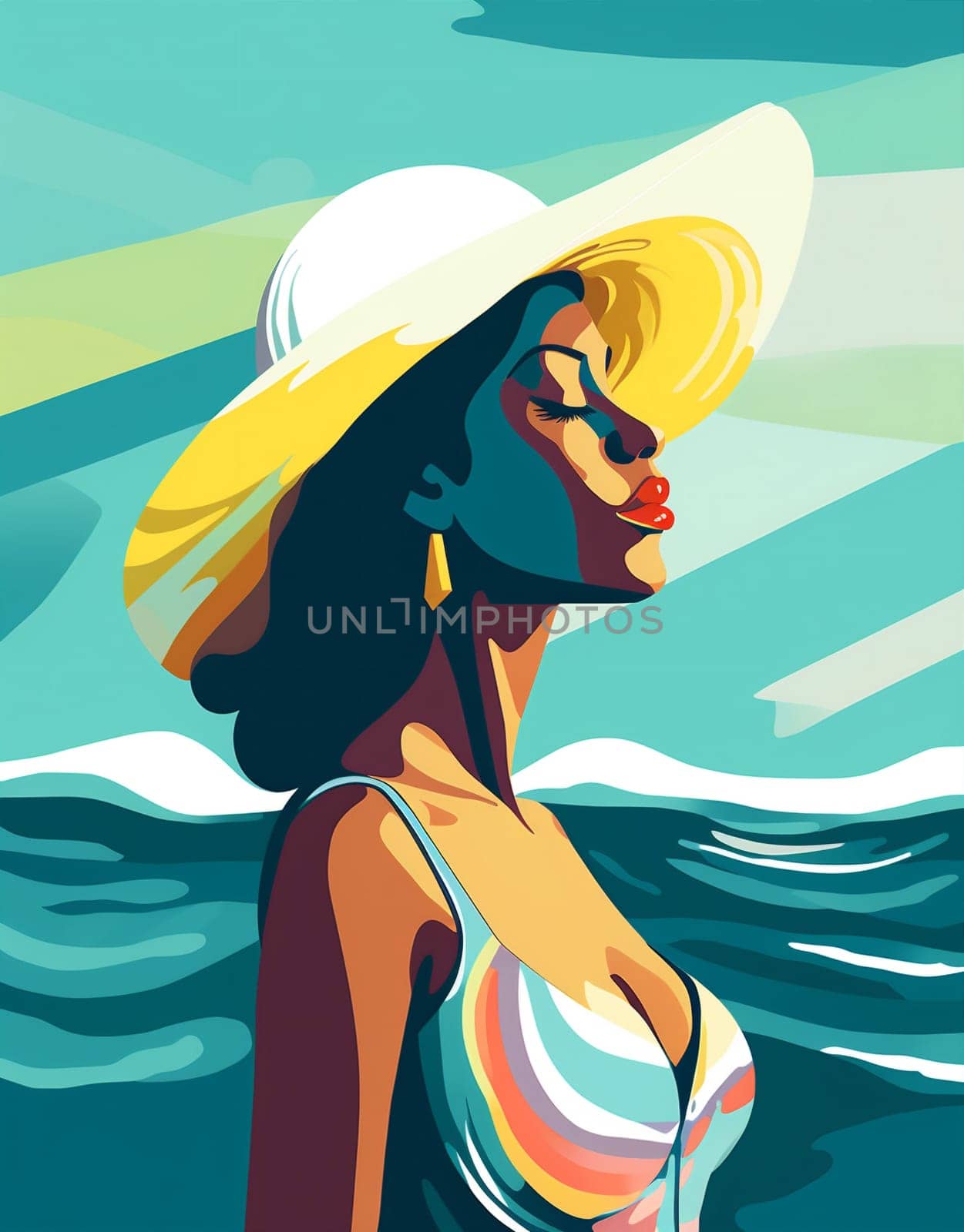 cartoon woman relax black travel summer concept retro beach young hat tourism holiday beige vacation tanned graphic art fashion tropical design. Generative AI.