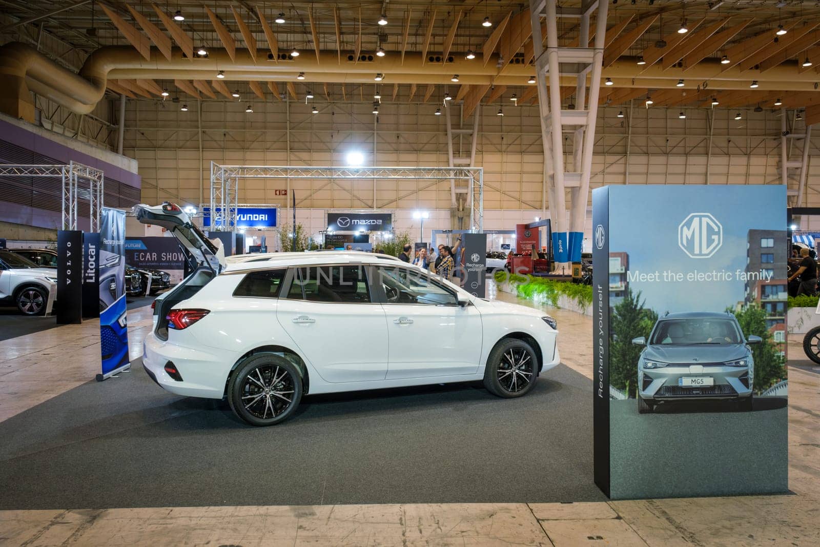 Lisbon, Portugal - May 12, 2023: MG 5 electric car on display at ECAR SHOW - Hybrid and Electric Motor Show