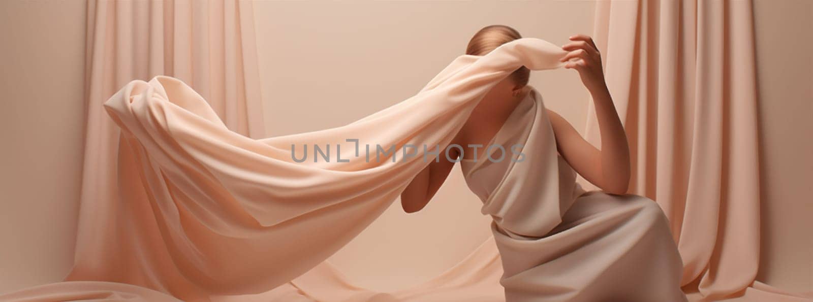 creative woman fly fashion person young motion fabric beauty dress clothing clothes background lady silk wind beige fluttering flowing textile flying waving. Generative AI.