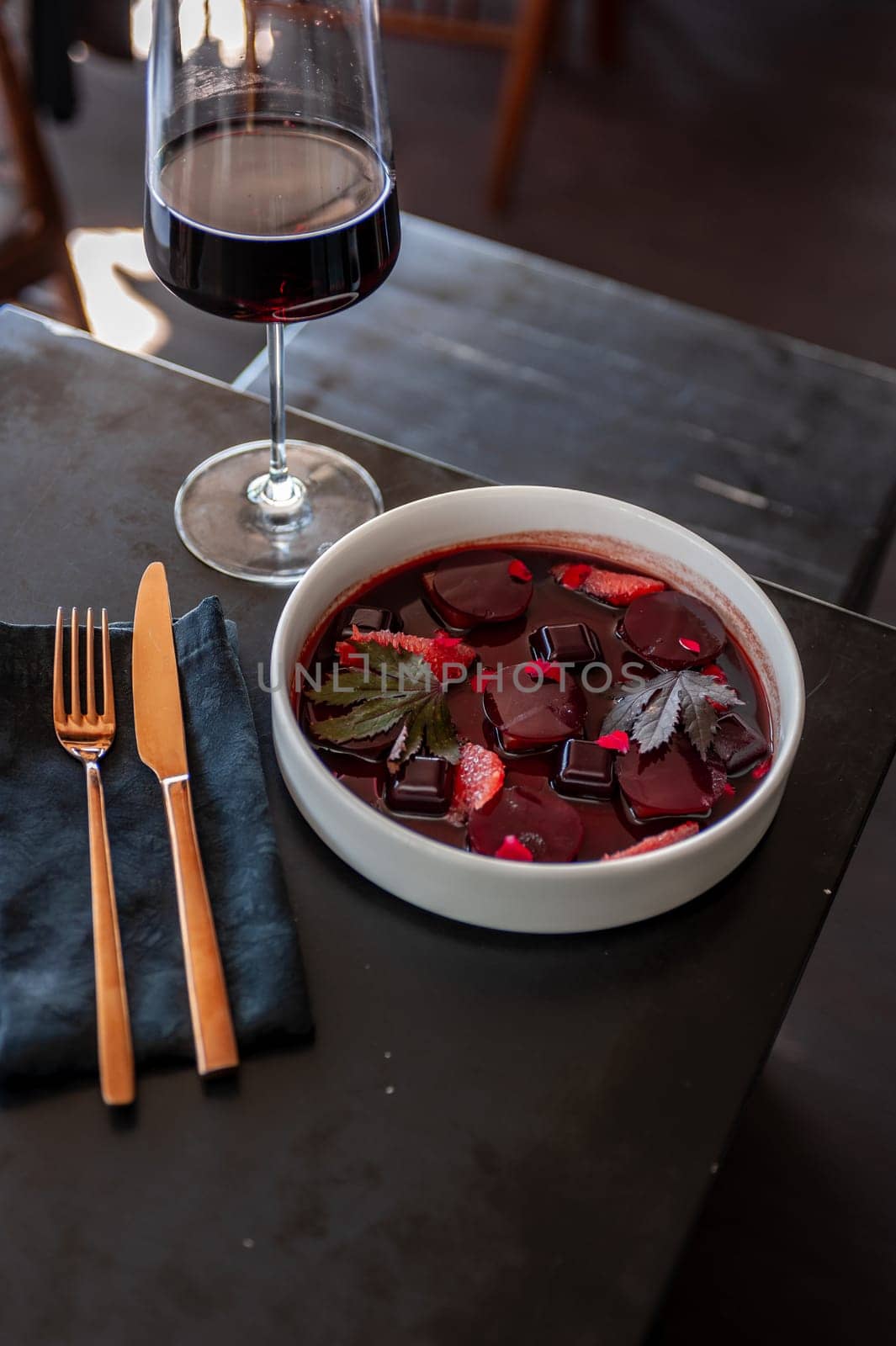 Tuna ceviche in mulled wine jelly with grapefruit. High quality photo