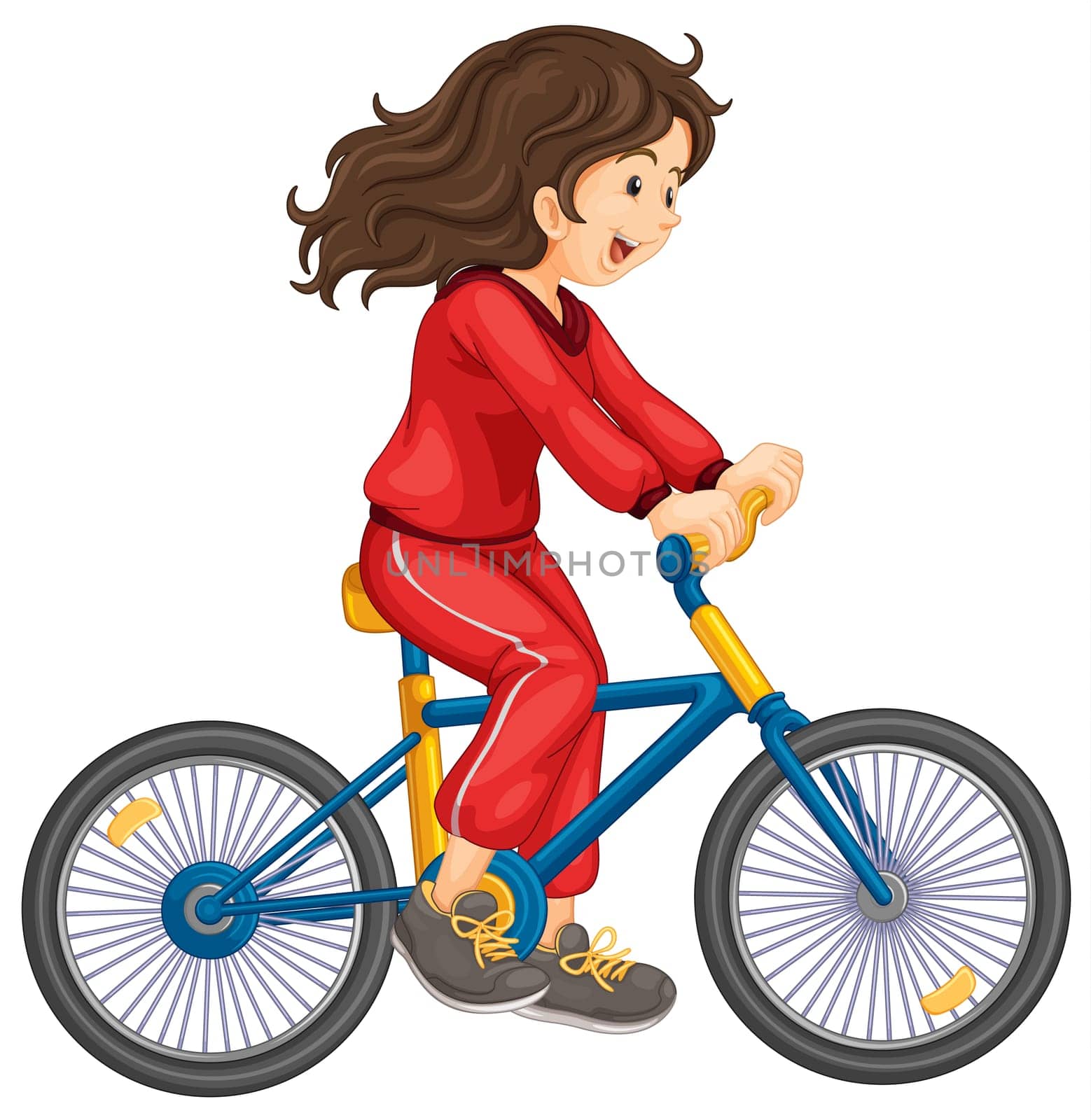 Illustration of girl cycling white background