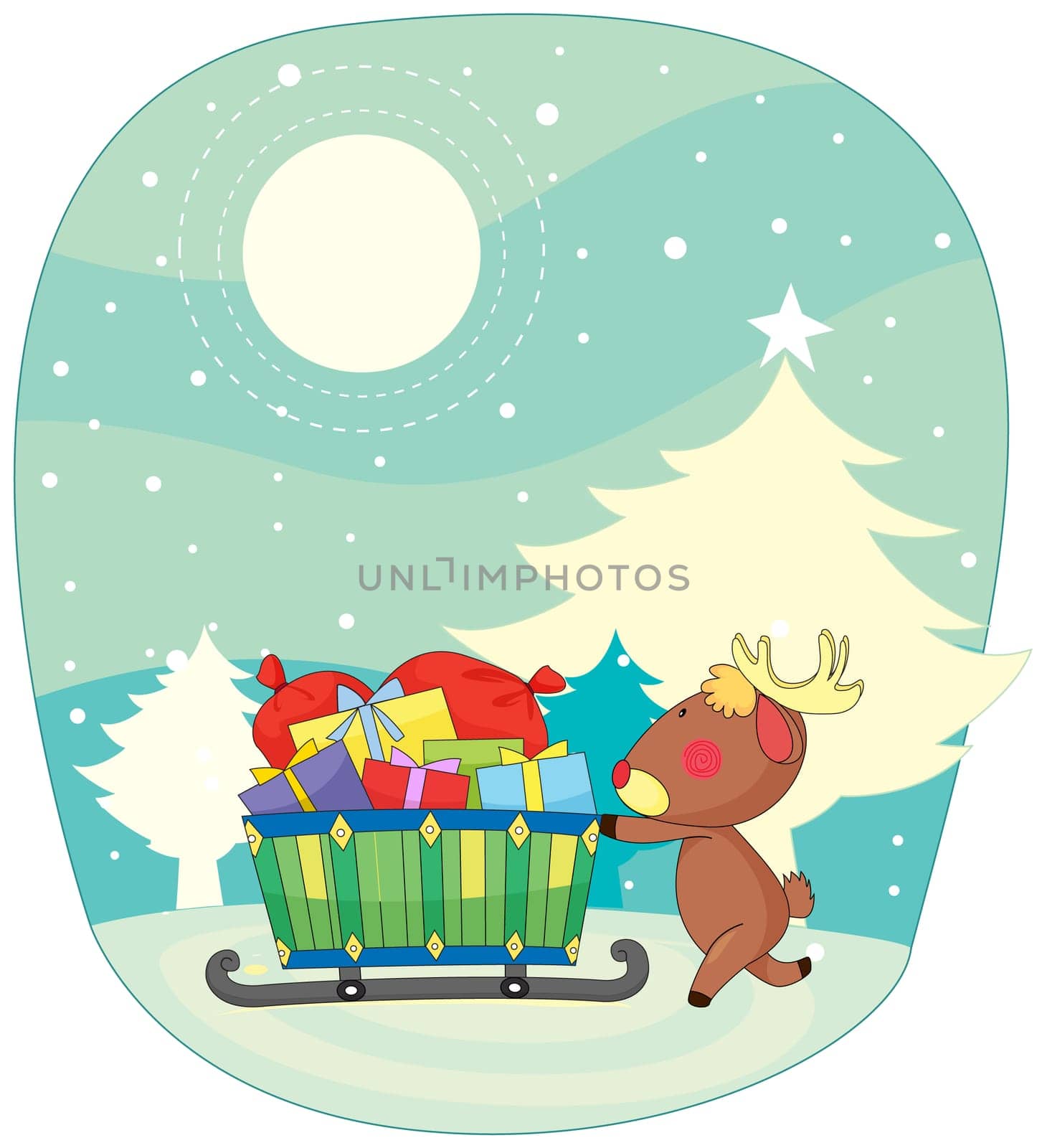 Illustration of reindeer pushing sleigh
