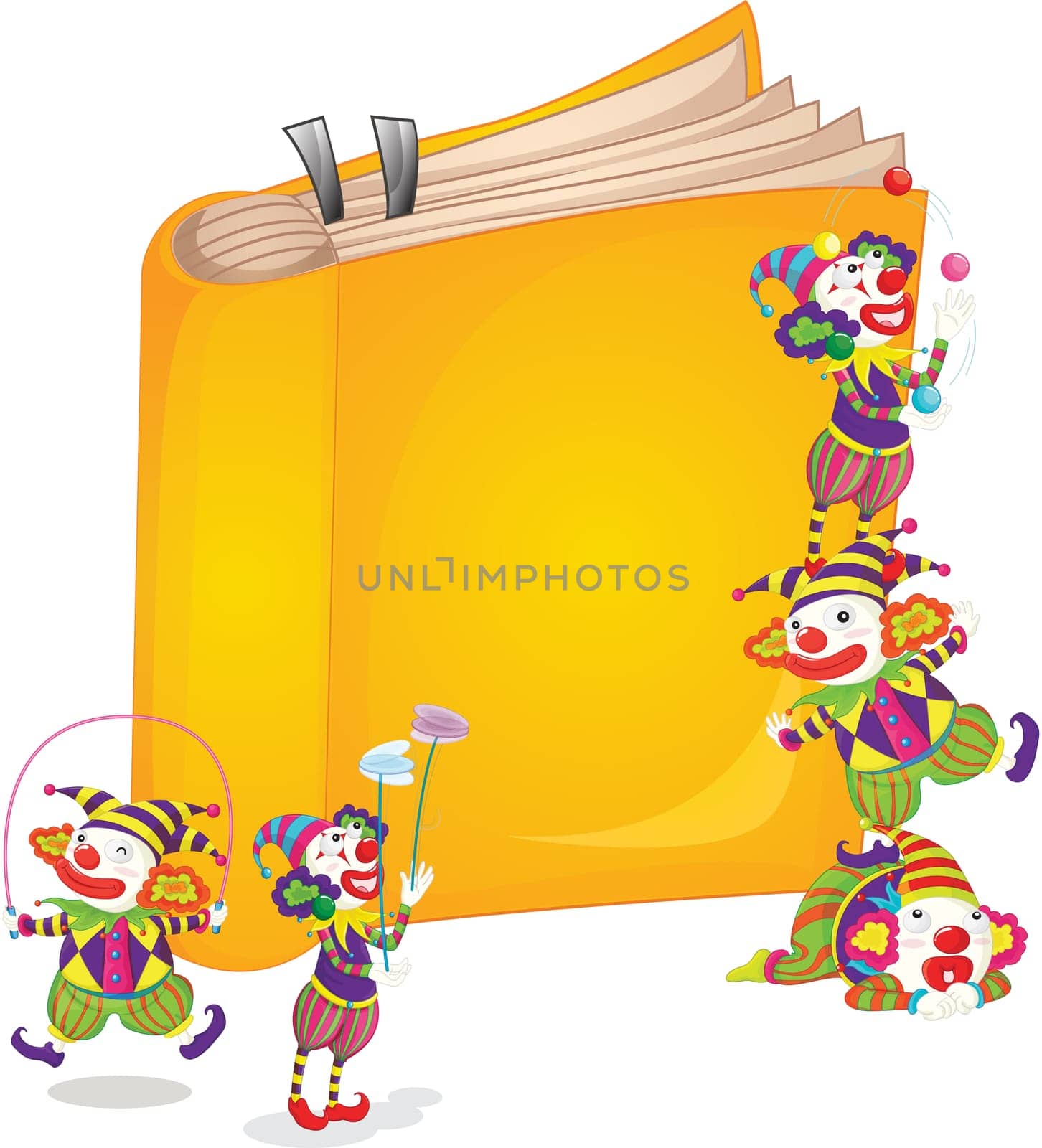 illustration of 5 clowns playing around a book